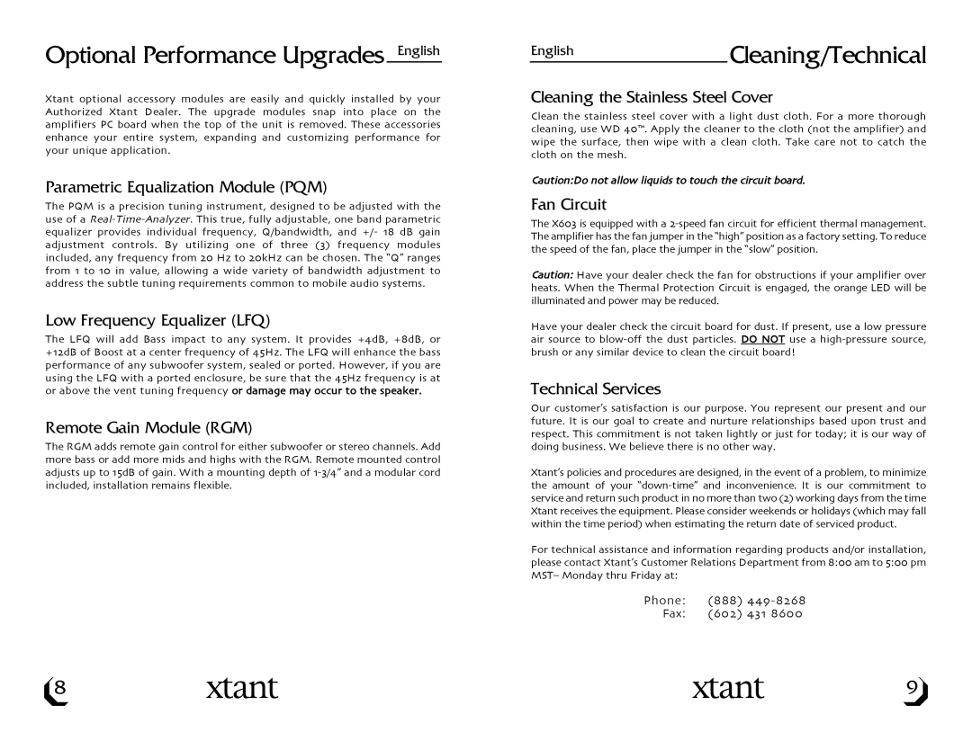 Xtant X603 owner manual Optional Performance Upgrades English, EnglishCleaning/Technical 