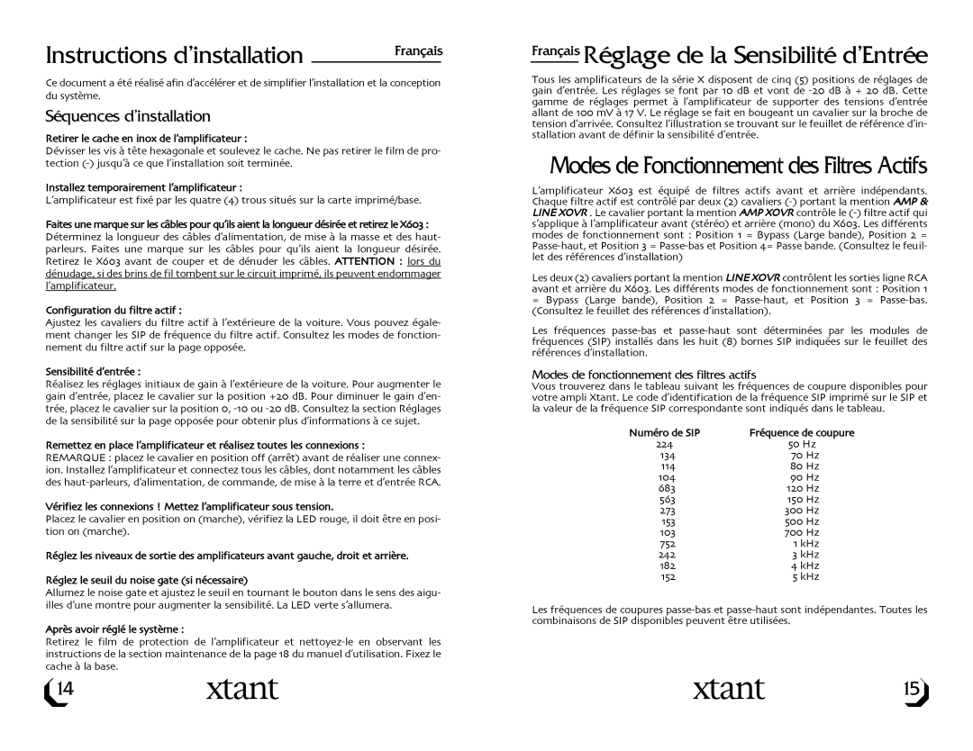 Xtant X603 owner manual Instructions d’installation, Français Réglage de la Sensibilité d’Entrée, Séquences d’installation 