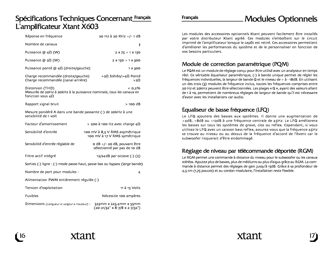 Xtant X603 owner manual Modules Optionnels, Module de correction paramétrique PQM, Equaliseur de basse fréquence LFQ 