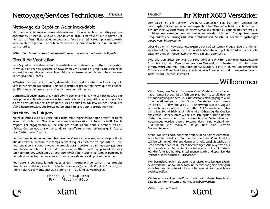 Xtant owner manual Nettoyage/Services Techniques Français, Ihr Xtant X603 Verstärker, Willkommen, Circuit de Ventilation 