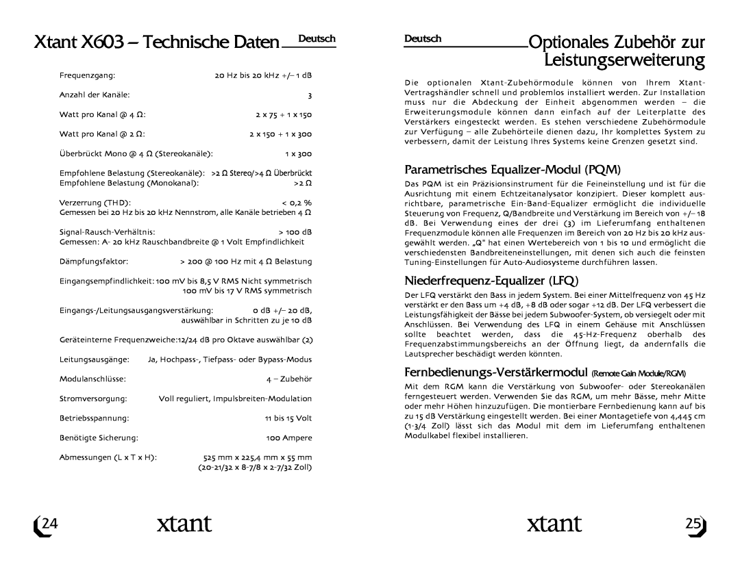 Xtant owner manual Xtant X603 - Technische Daten, Parametrisches Equalizer-ModulPQM, Niederfrequenz-EqualizerLFQ 