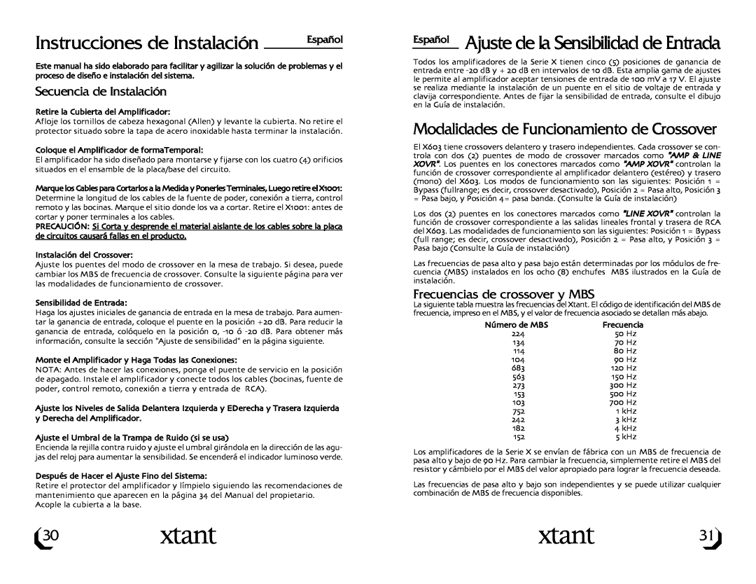 Xtant X603 Instrucciones de Instalación, Español Ajuste de la Sensibilidad de Entrada, Secuencia de Instalación 