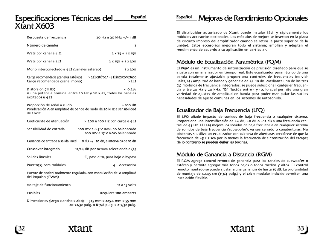 Xtant X603 owner manual Especificaciones Técnicas del, Xtant, Español Mejoras de Rendimiento Opcionales 