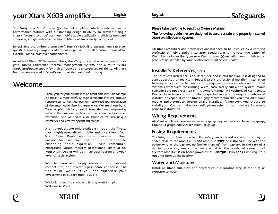 Xtant your Xtant X603 amplifier, Welcome, EnglishSafeguards, Installer’s Reference insert, Wiring Requirements 