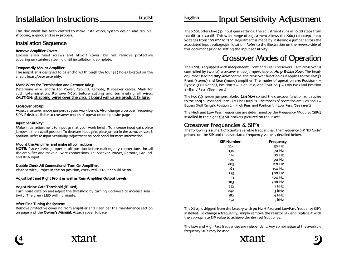 Xtant X603 Installation Instructions, Input Sensitivity Adjustment, Crossover Modes of Operation, Installation Sequence 
