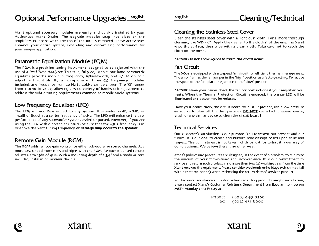 Xtant X603 Optional Performance Upgrades English, EnglishCleaning/Technical, Parametric Equalization Module PQM 