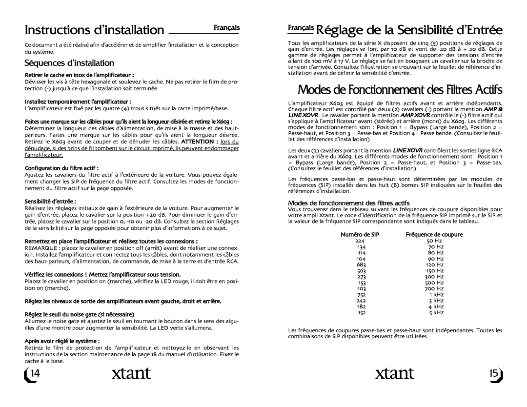 Xtant X603 owner manual Instructions d’installation, Français Réglage de la Sensibilité d’Entrée, Séquences d’installation 