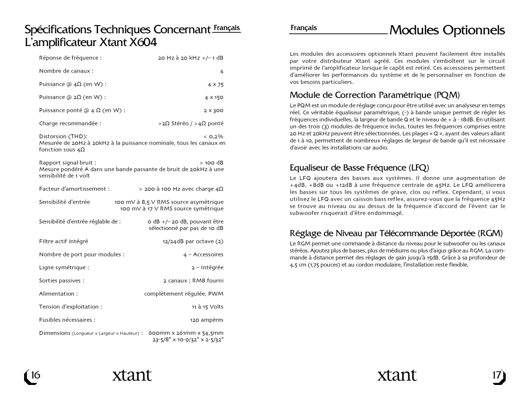 Xtant X604 owner manual Modules Optionnels, Module de Correction Paramétrique PQM, Equaliseur de Basse Fréquence LFQ 