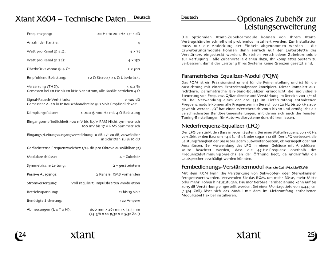 Xtant owner manual Xtant X604 Technische Daten, Parametrisches Equalizer-Modul PQM, Niederfrequenz-Equalizer LFQ 