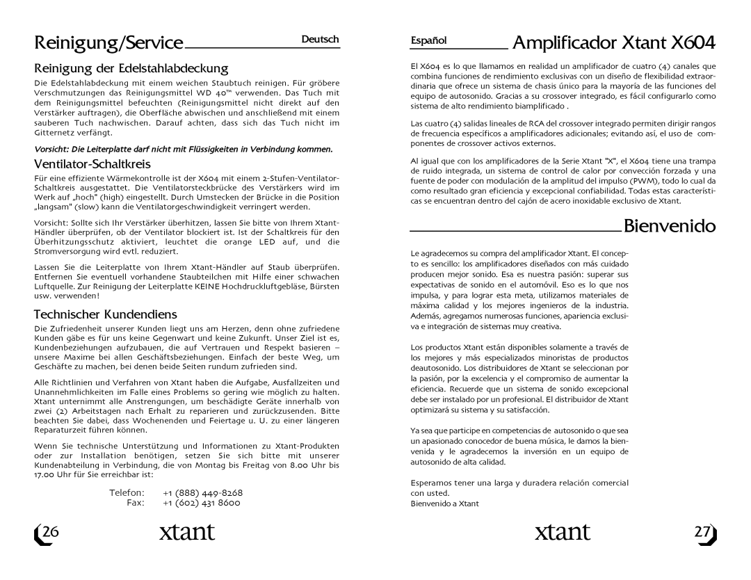 Xtant X604 owner manual Reinigung/ServiceDeutsch, Amplificador Xtant, Bienvenido 