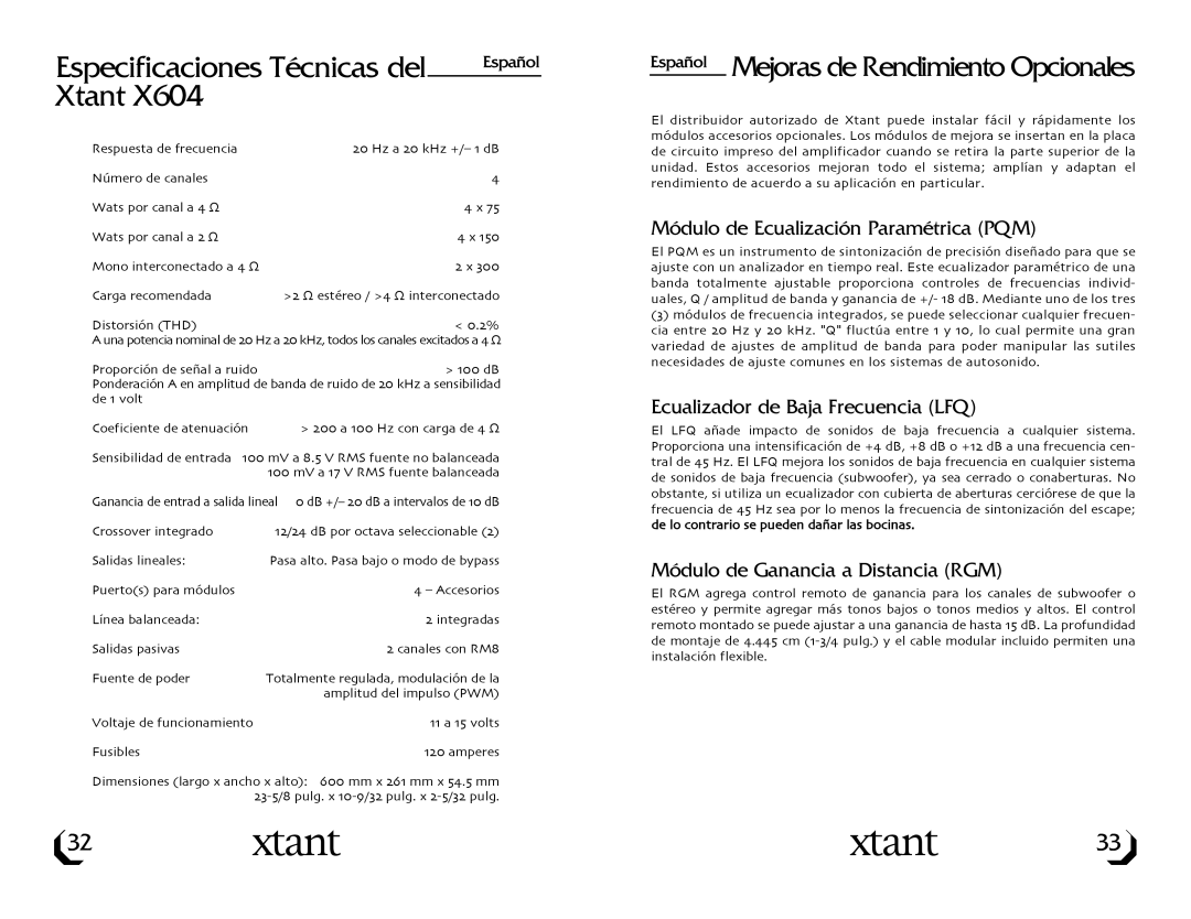 Xtant X604 owner manual Especificaciones Técnicas del, Xtant, Módulo de Ecualización Paramétrica PQM 