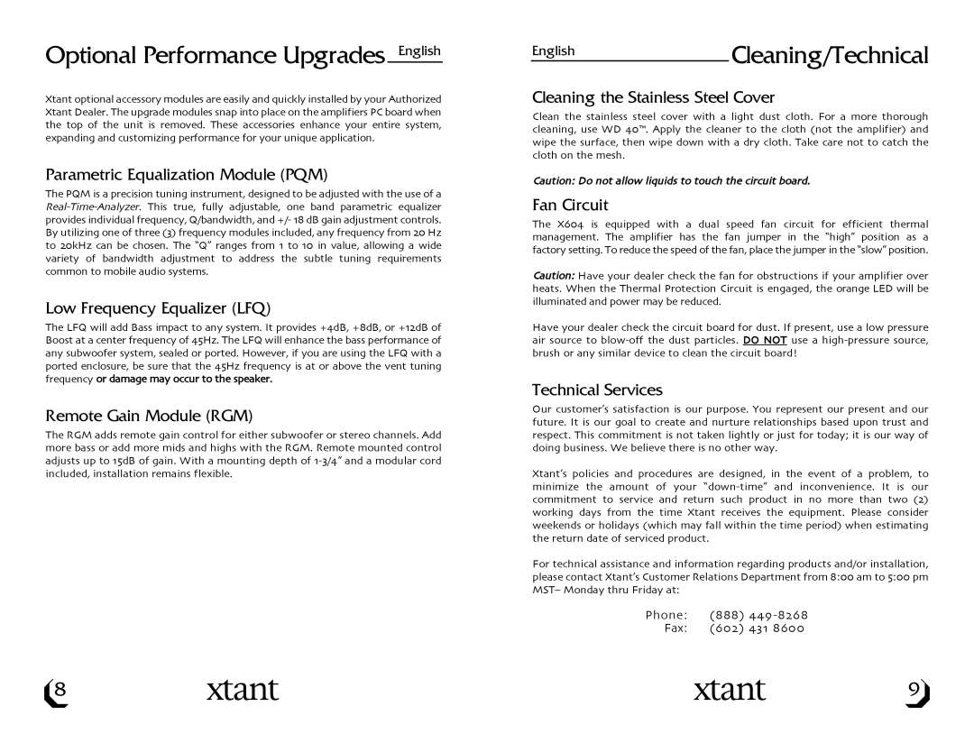 Xtant X604 owner manual Optional Performance Upgrades English, EnglishCleaning/Technical 