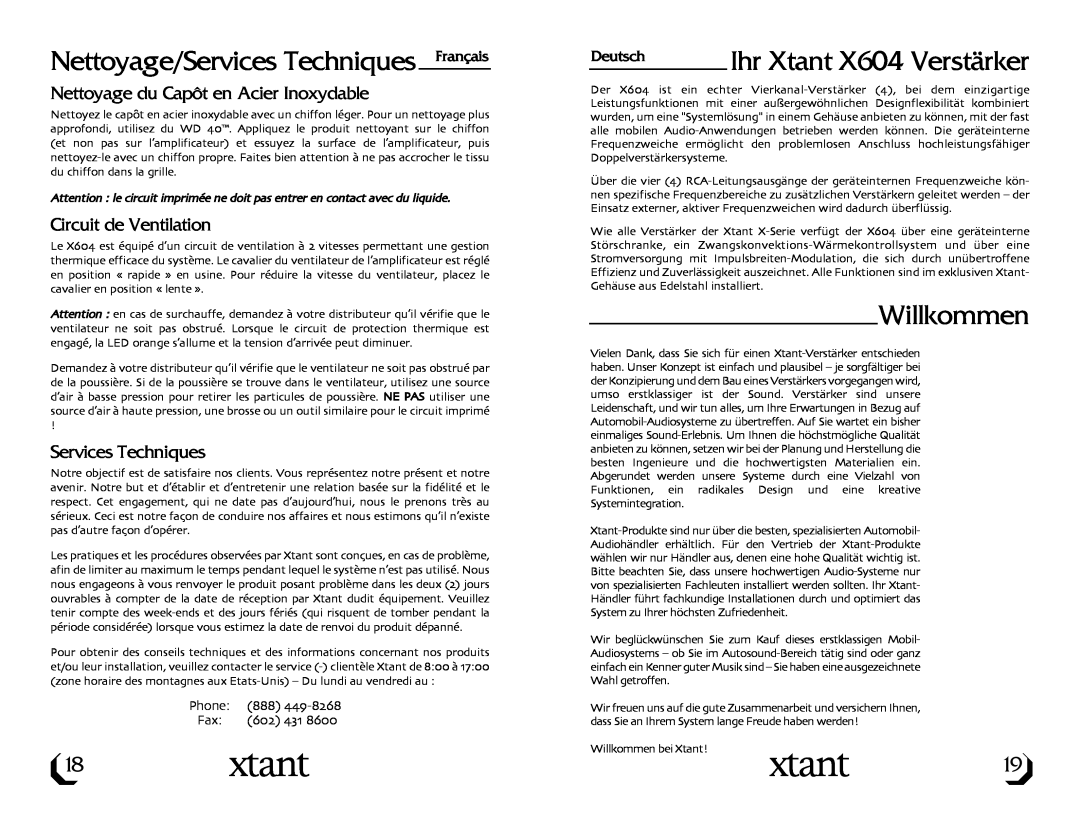 Xtant Nettoyage/Services Techniques Français, Ihr Xtant X604 Verstärker, Willkommen, Circuit de Ventilation, Deutsch 