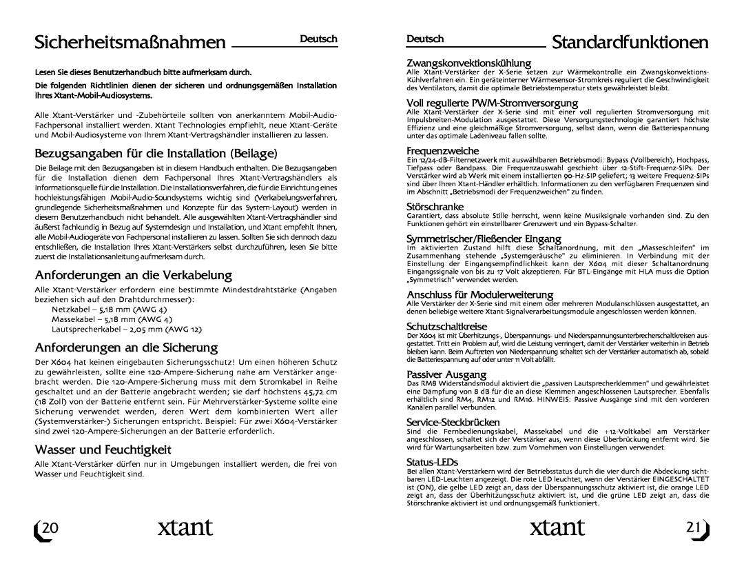 Xtant X604 owner manual Sicherheitsmaßnahmen Deutsch, DeutschStandardfunktionen, Bezugsangaben für die Installation Beilage 