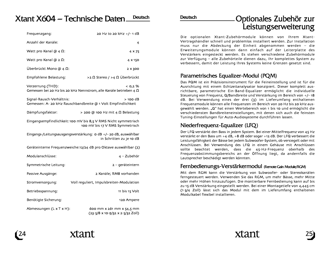 Xtant Xtant X604 - Technische Daten, Parametrisches Equalizer-ModulPQM, Niederfrequenz-EqualizerLFQ, Deutsch 