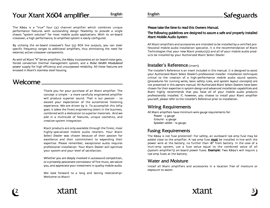Xtant Your Xtant X604 amplifier, Welcome, EnglishSafeguards, Installer’s Reference insert, Wiring Requirements 