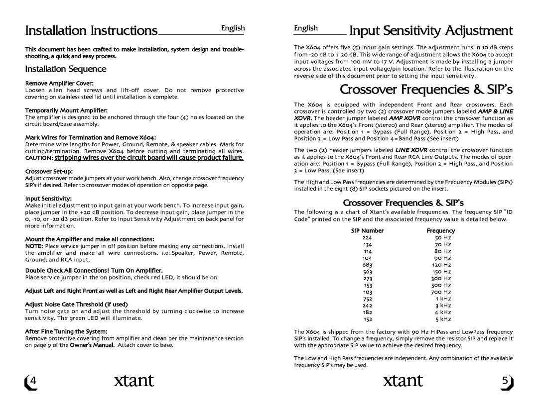 Xtant X604 Installation Instructions, Input Sensitivity Adjustment, Crossover Frequencies & SIP’s, Installation Sequence 