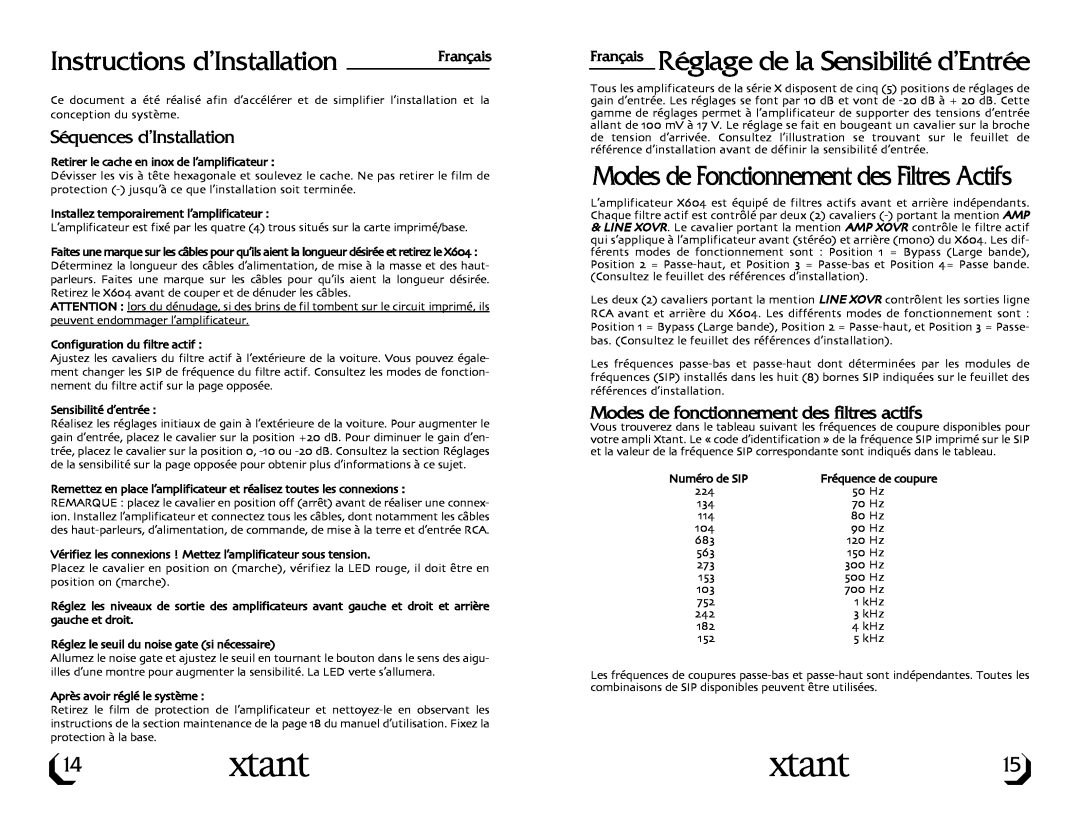 Xtant X604 owner manual Instructions d’Installation, Français Réglage de la Sensibilité d’Entrée, Séquences d’Installation 