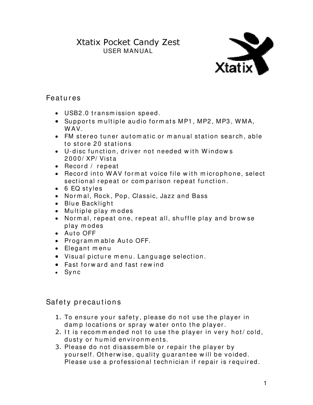 Xtatix Pocket Candy Zent user manual Xtatix Pocket Candy Zest 