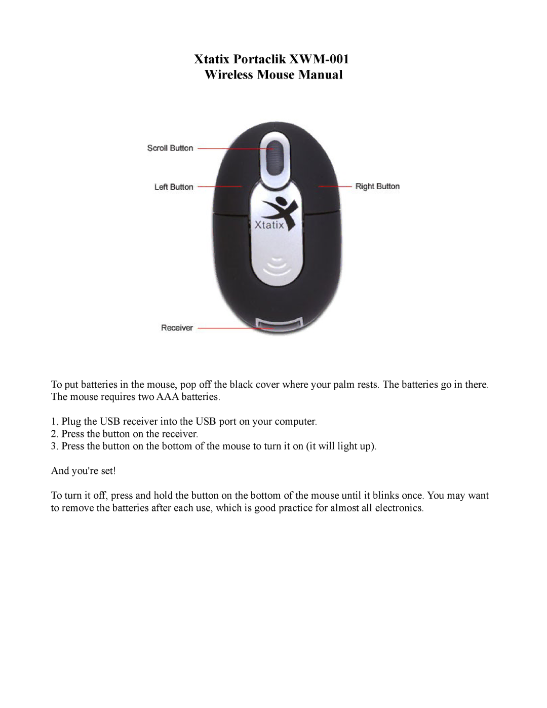 Xtatix manual Xtatix Portaclik XWM-001 Wireless Mouse Manual 