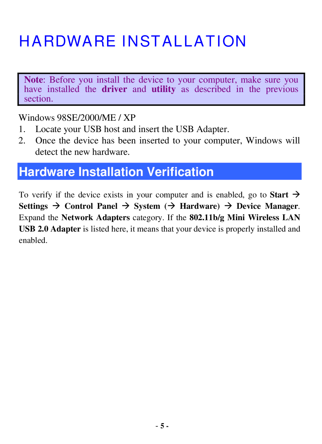 Xterasys USB Adapter user manual Hardware Installation Verification 