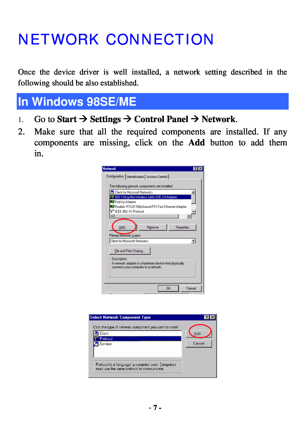 Xterasys USB Adapter user manual Network Connection, In Windows 98SE/ME, Go to Start Settings Control Panel Network 