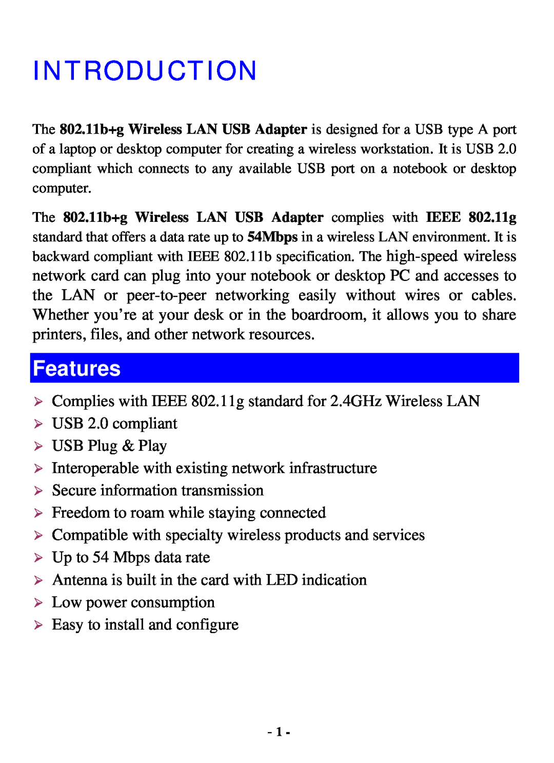 Xterasys USB Adapter user manual Introduction, Features 