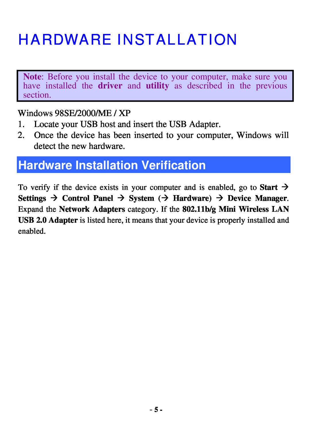 Xterasys USB Adapter user manual Hardware Installation Verification, Windows 98SE/2000/ME / XP 