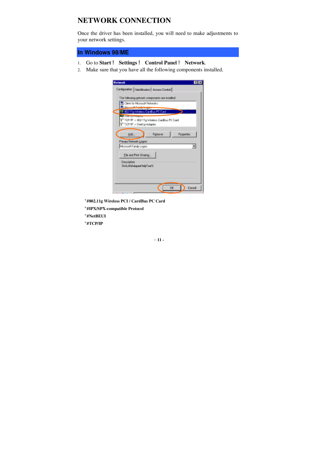 Xterasys Wireless LAN Card user manual Network Connection, Windows 98/ME 