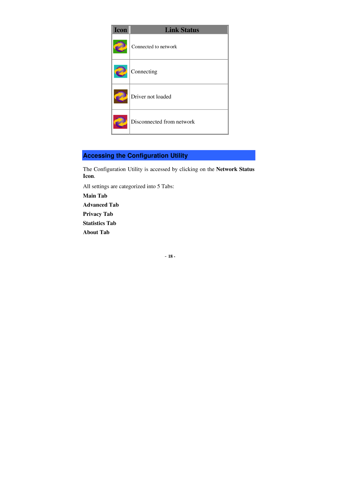 Xterasys Wireless LAN Card user manual Icon Link Status, Accessing the Configuration Utility 