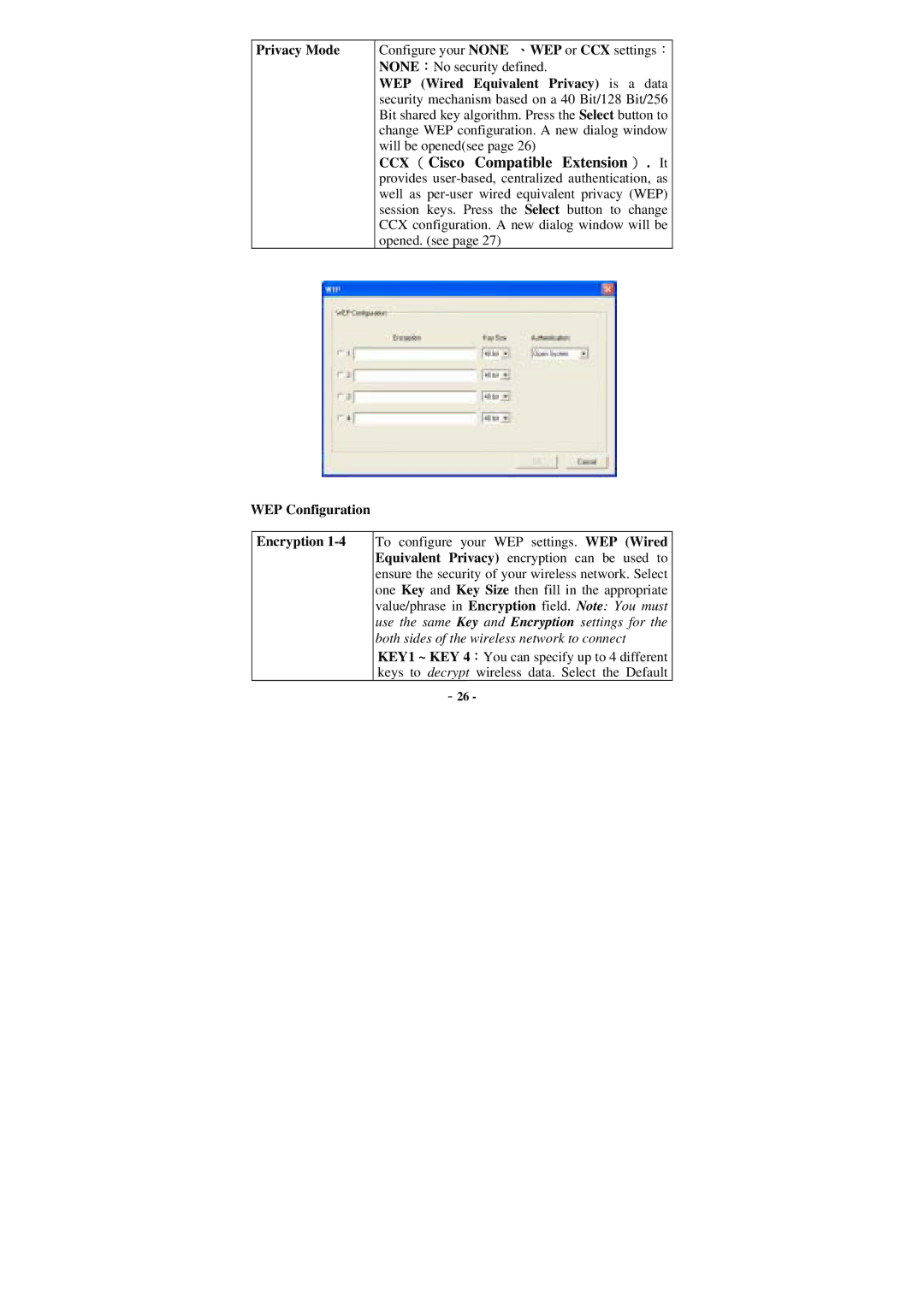 Xterasys Wireless LAN Card user manual Privacy Mode, WEP Configuration 