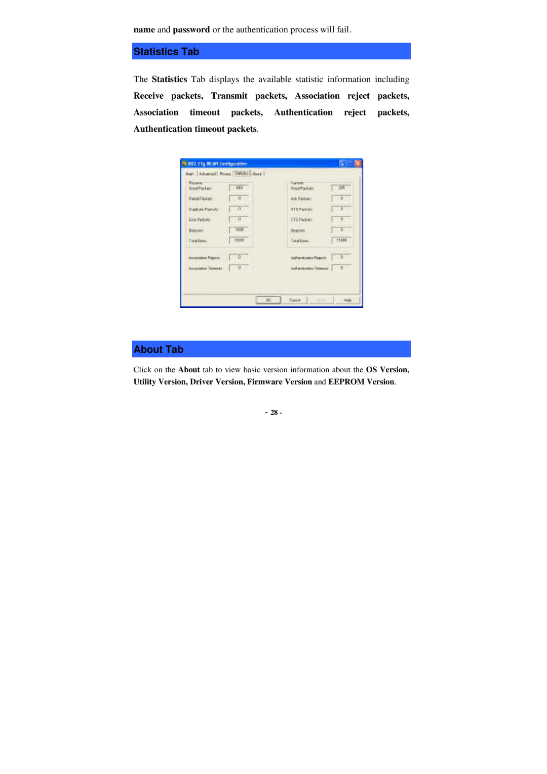 Xterasys Wireless LAN Card user manual Statistics Tab, About Tab 