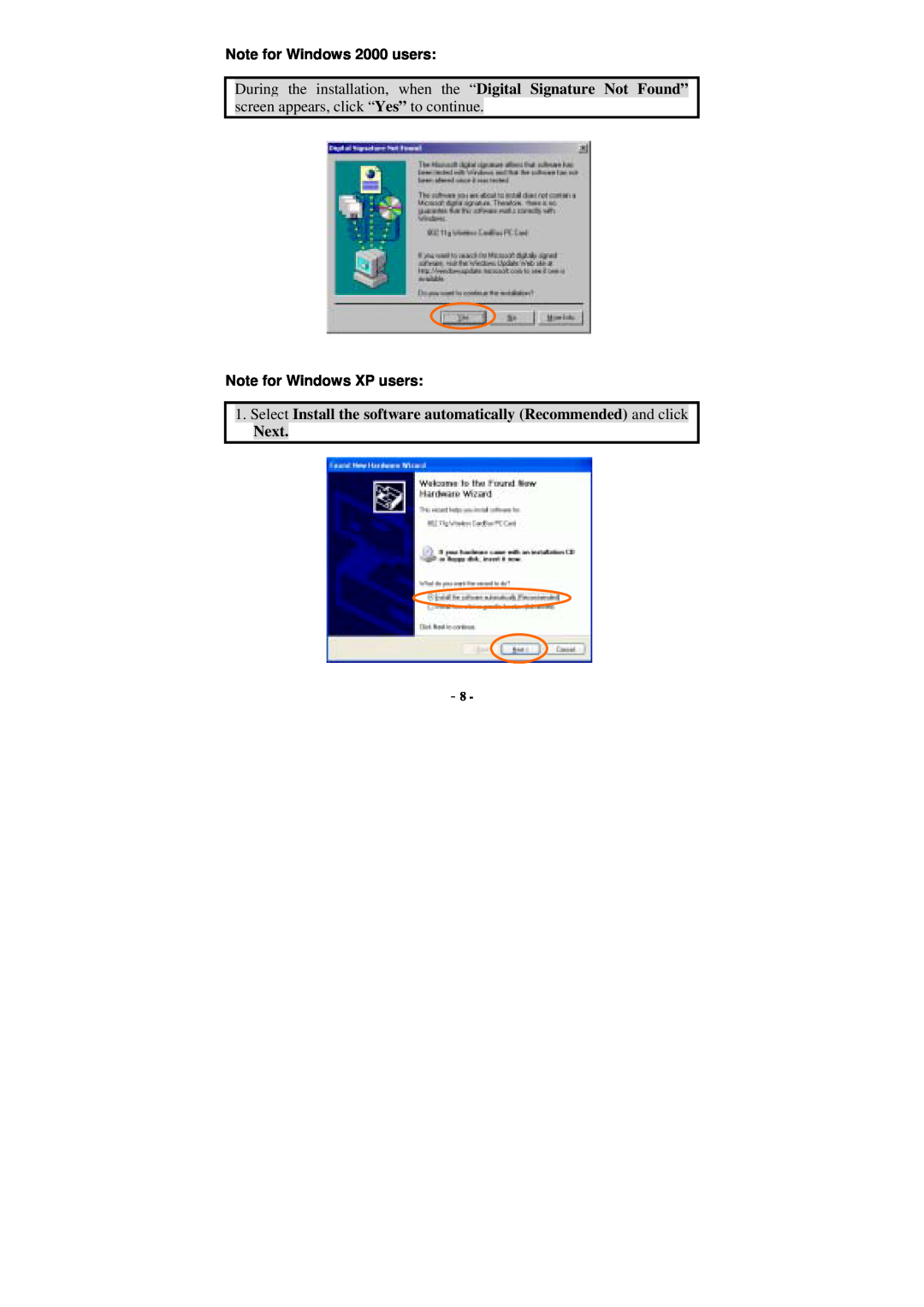 Xterasys Wireless LAN Card user manual Note for Windows 2000 users, Note for Windows XP users, Next 