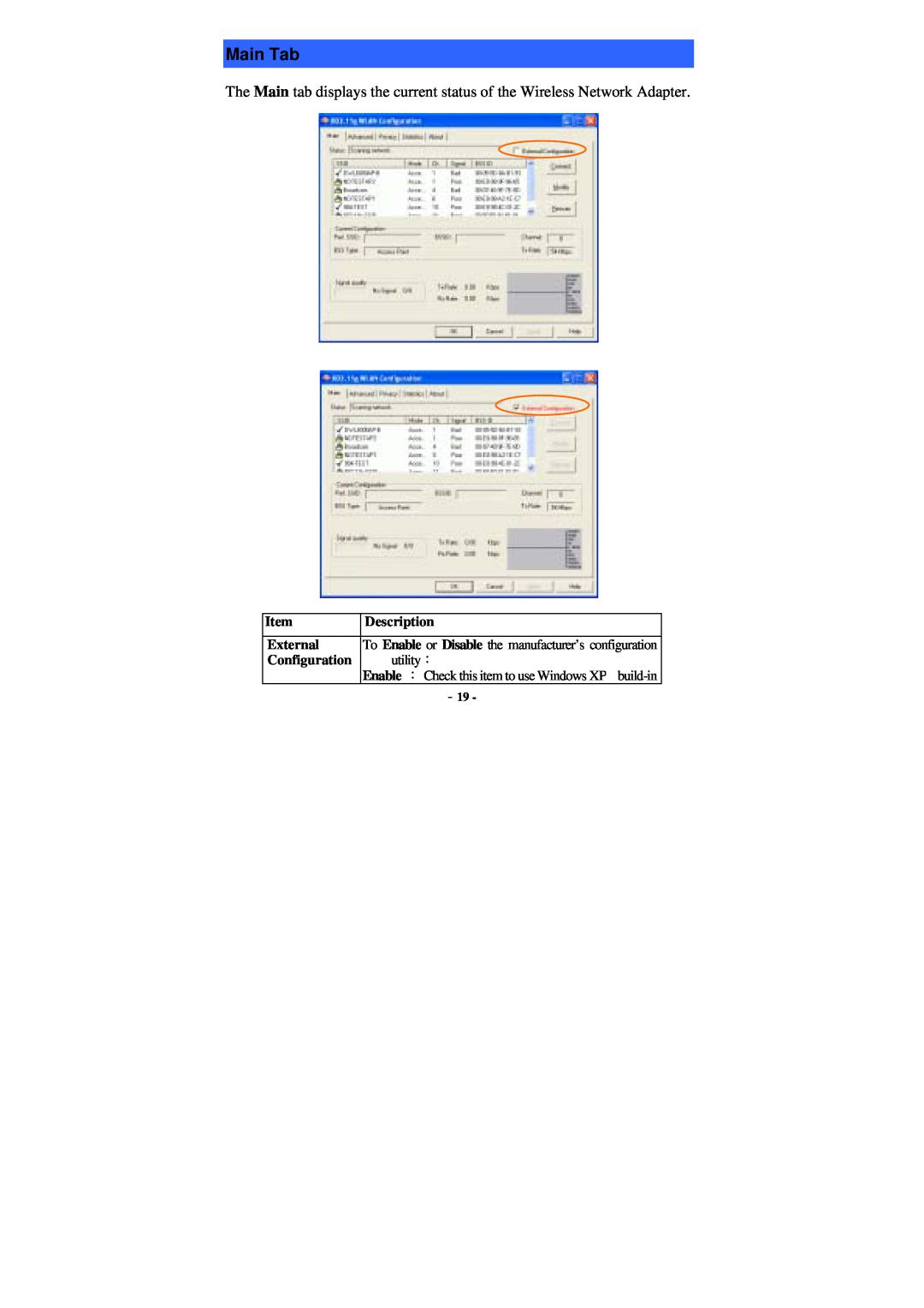 Xterasys Wireless LAN Card user manual Main Tab, Description, External, Configuration 
