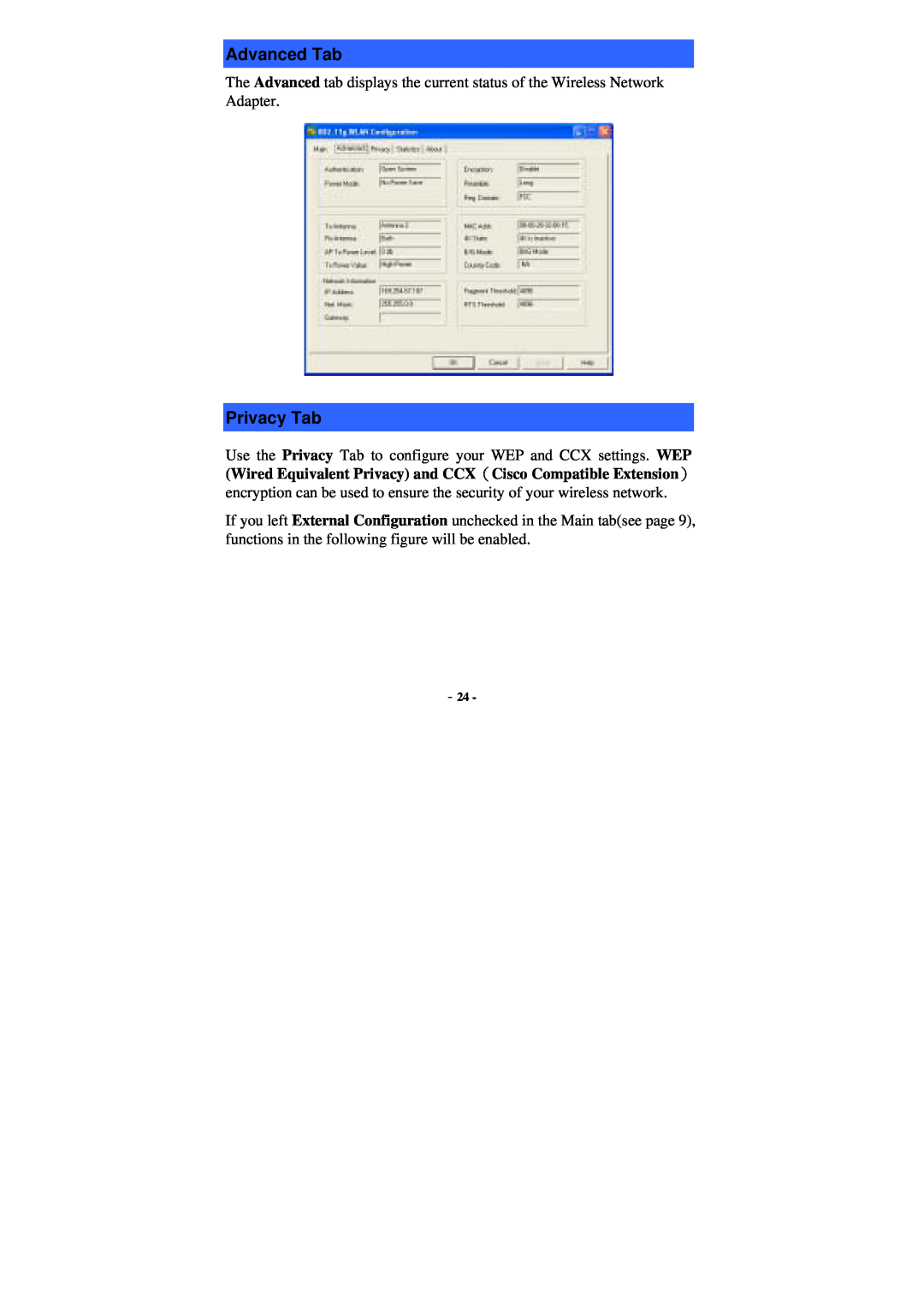 Xterasys Wireless LAN Card user manual Advanced Tab, Privacy Tab 