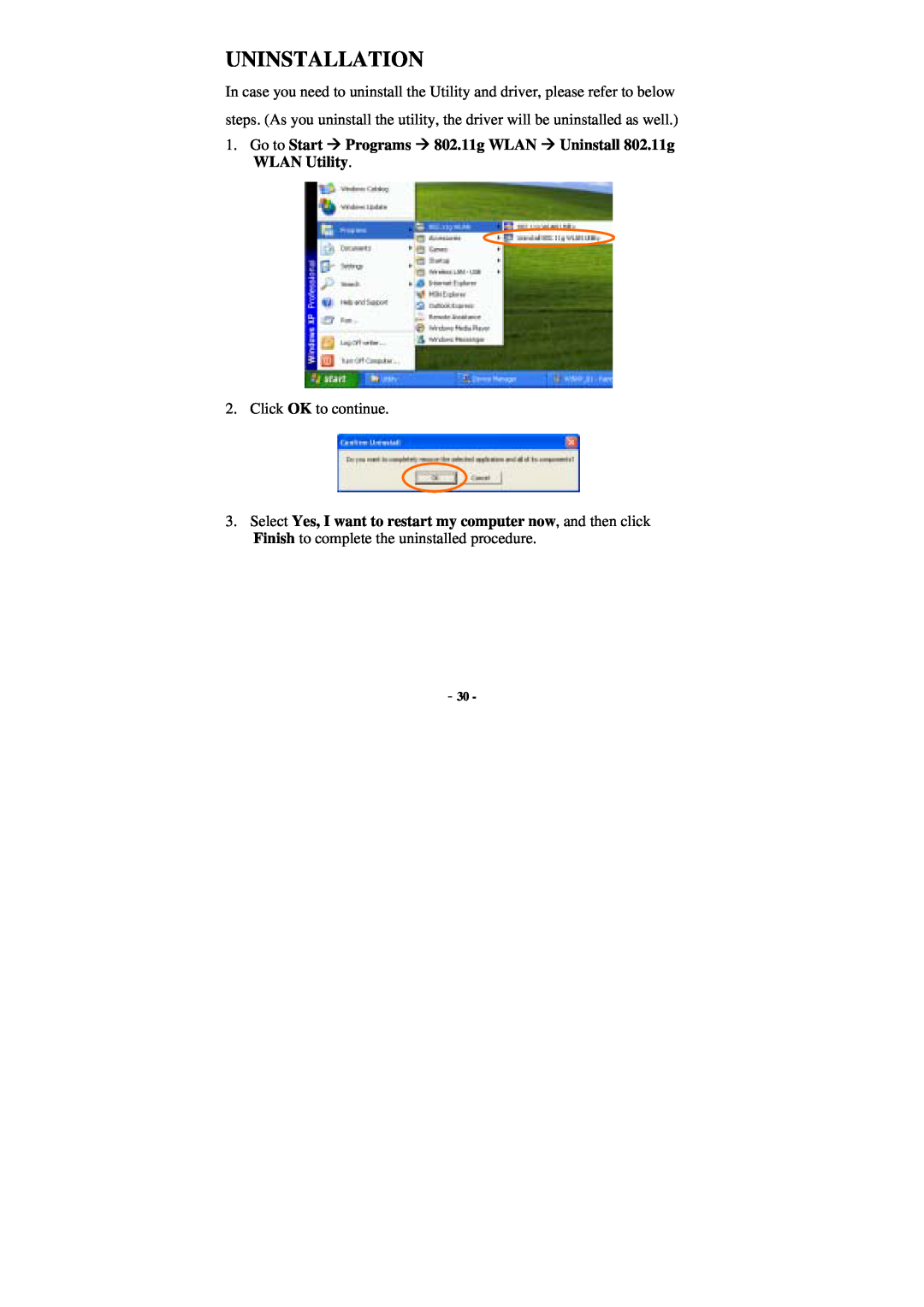 Xterasys Wireless LAN Card user manual Uninstallation, Click OK to continue 