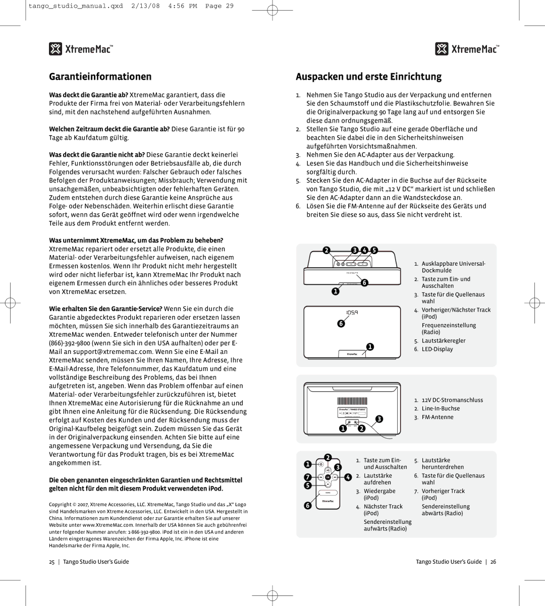 XtremeMac 10182007 manual Garantieinformationen, Auspacken und erste Einrichtung 