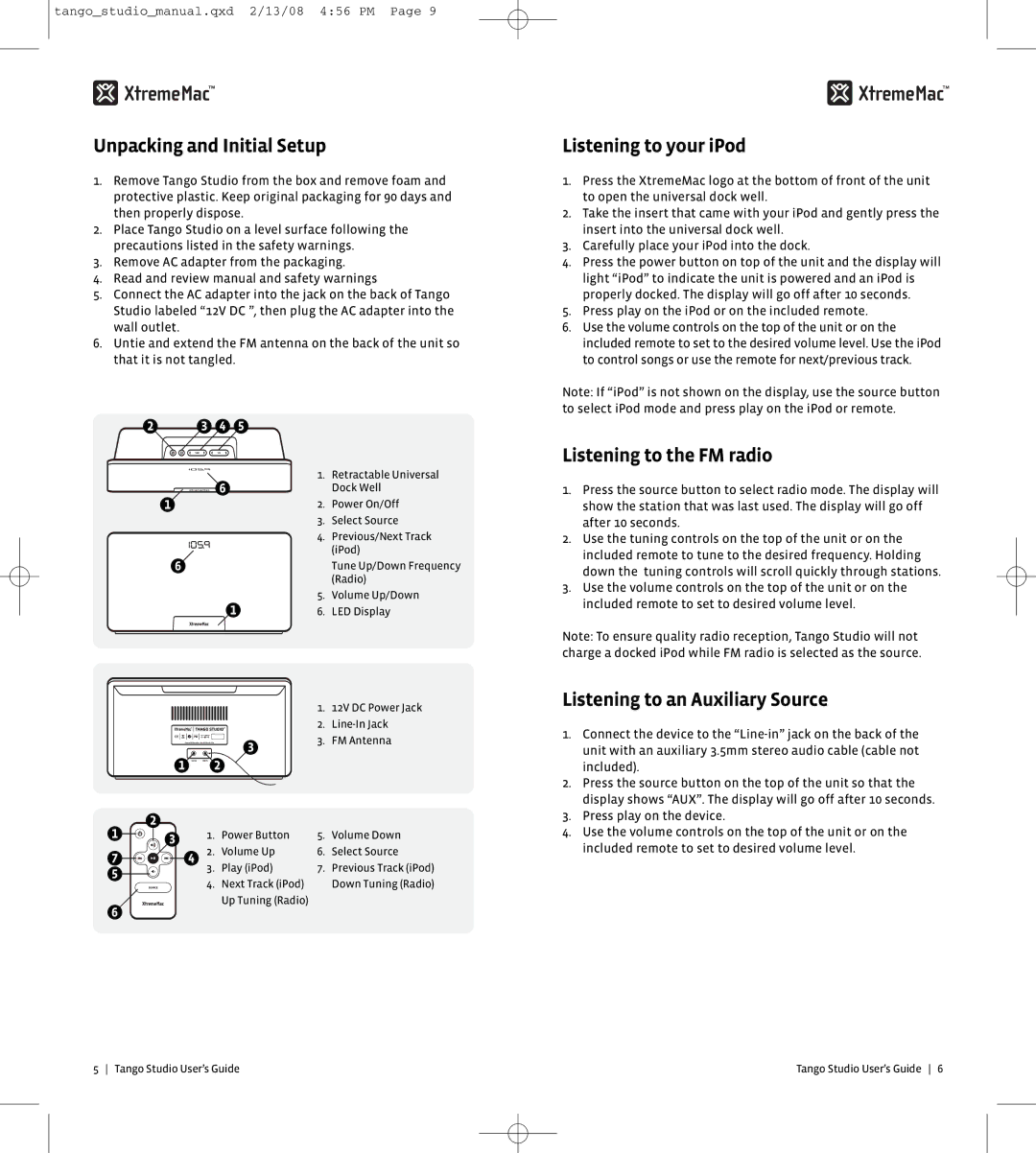 XtremeMac 10182007 manual Unpacking and Initial Setup, Listening to your iPod, Listening to the FM radio 