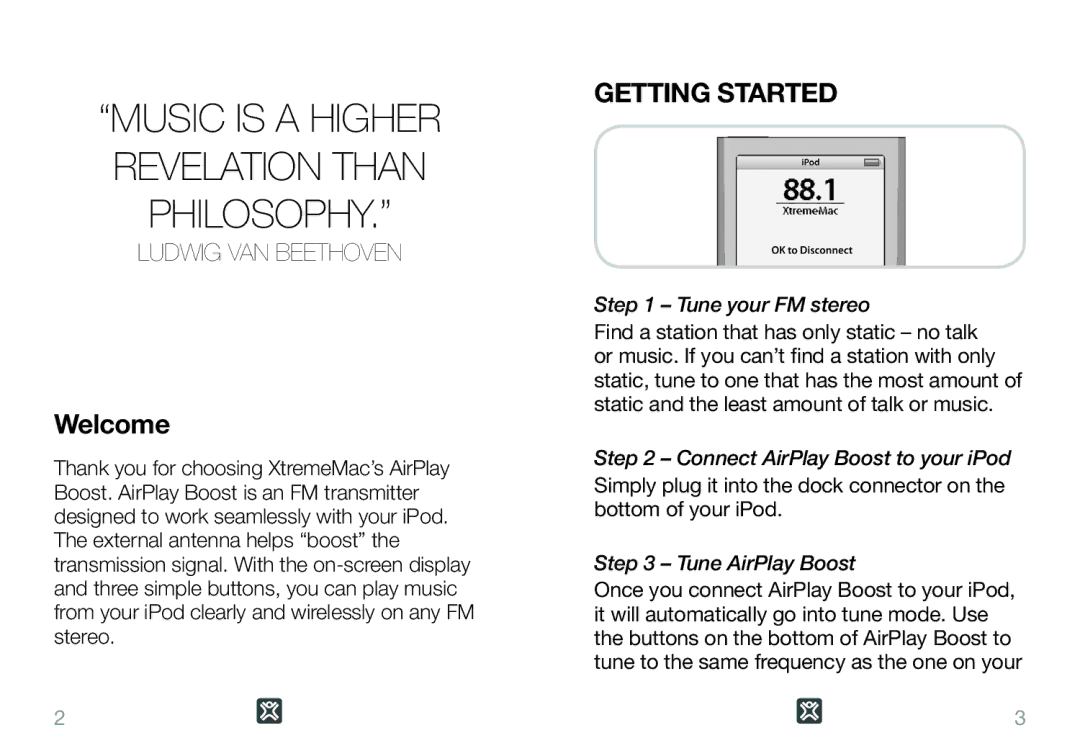 XtremeMac Airplay Boost user manual Welcome, Getting Started, Tune your FM stereo, Connect AirPlay Boost to your iPod 