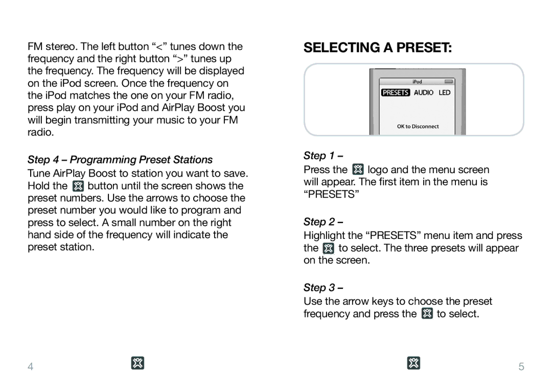 XtremeMac Airplay Boost user manual Selecting a Preset, Programming Preset Stations, Step 