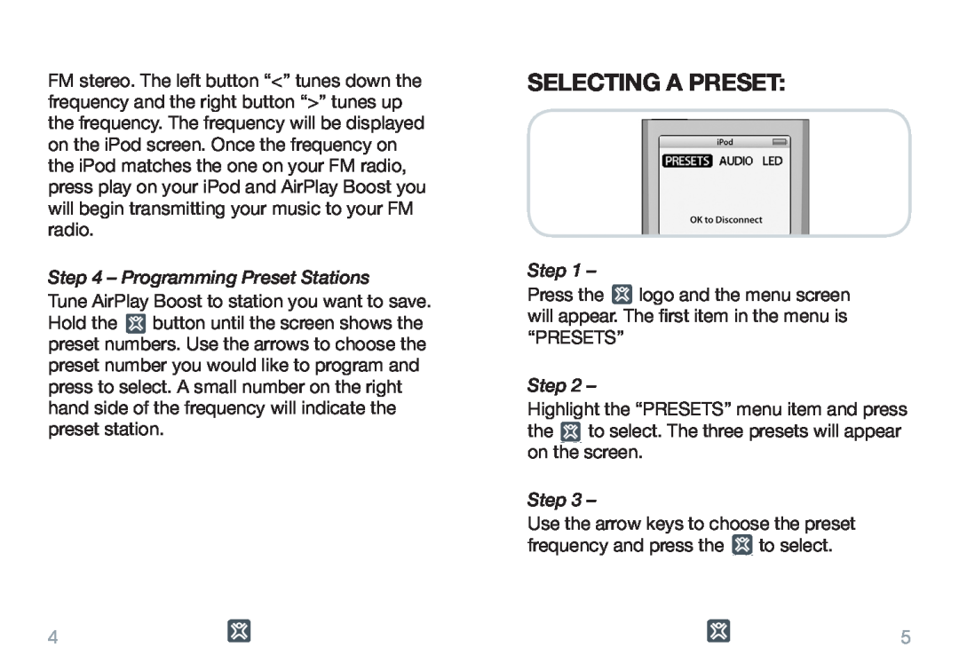 XtremeMac Airplay Boost user manual Selecting A Preset, Programming Preset Stations, Step 