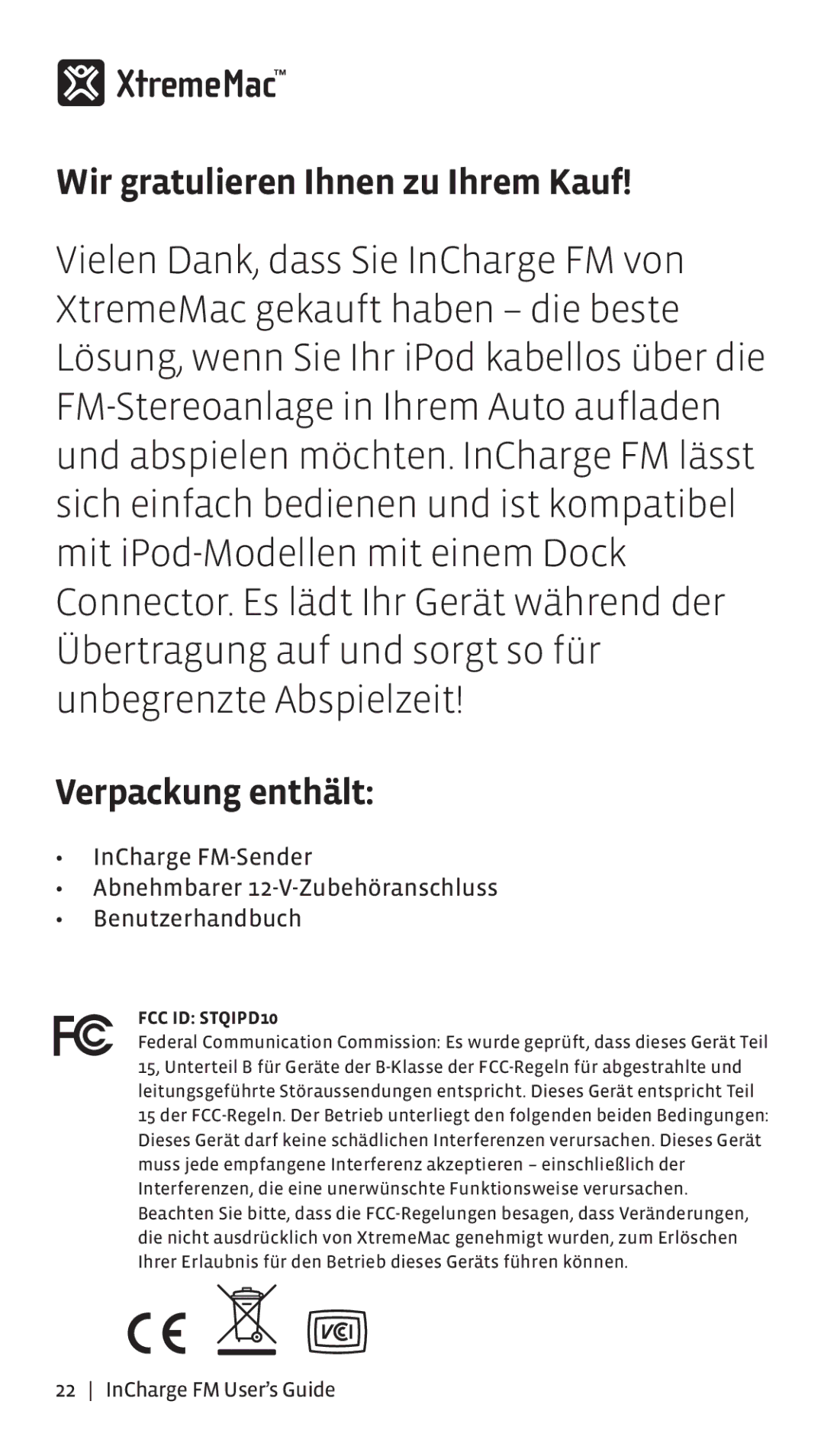 XtremeMac Incharge FM manual Wir gratulieren Ihnen zu Ihrem Kauf, Verpackung enthält 