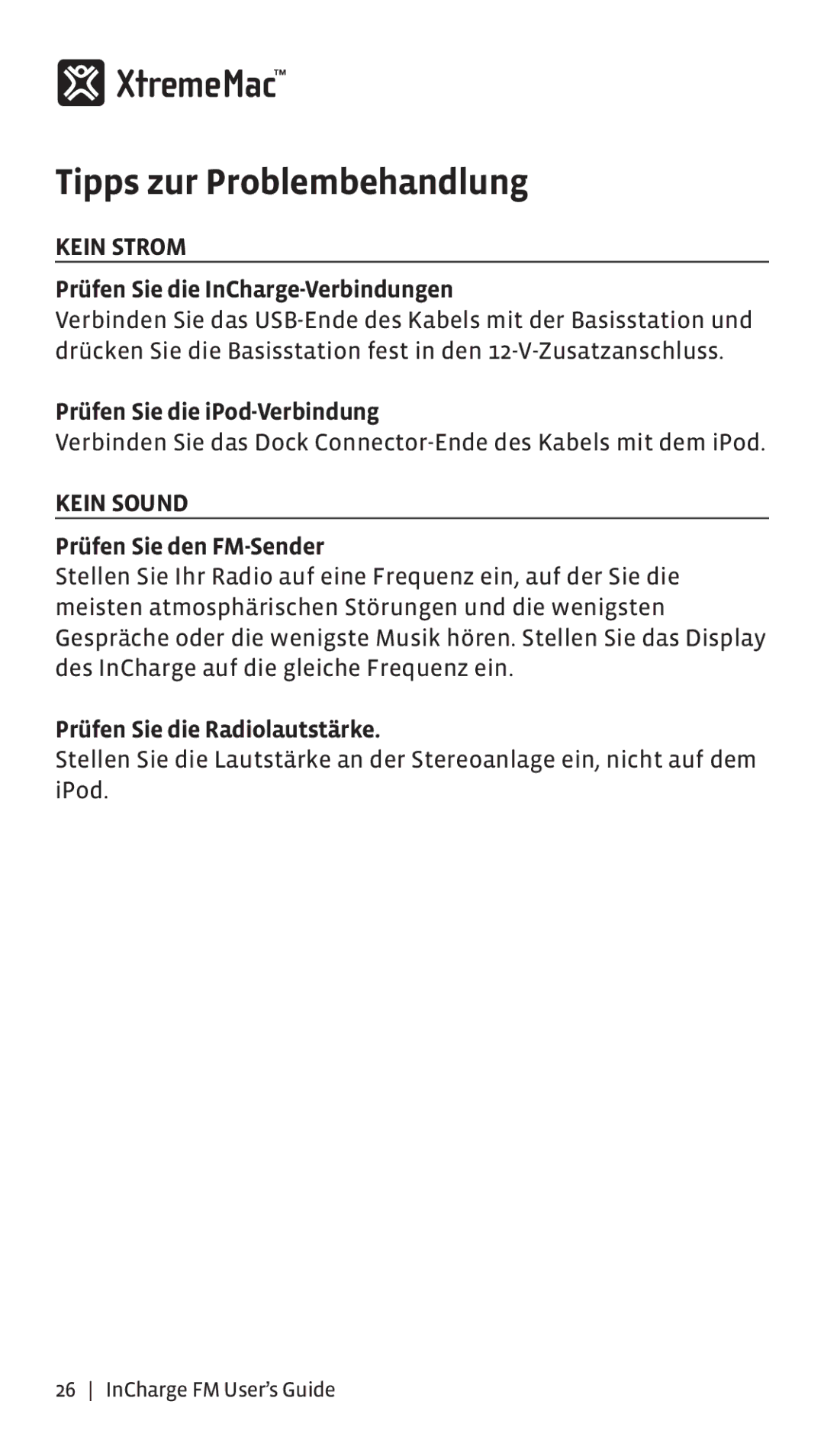 XtremeMac Incharge FM manual Tipps zur Problembehandlung, Kein Strom, Kein Sound 