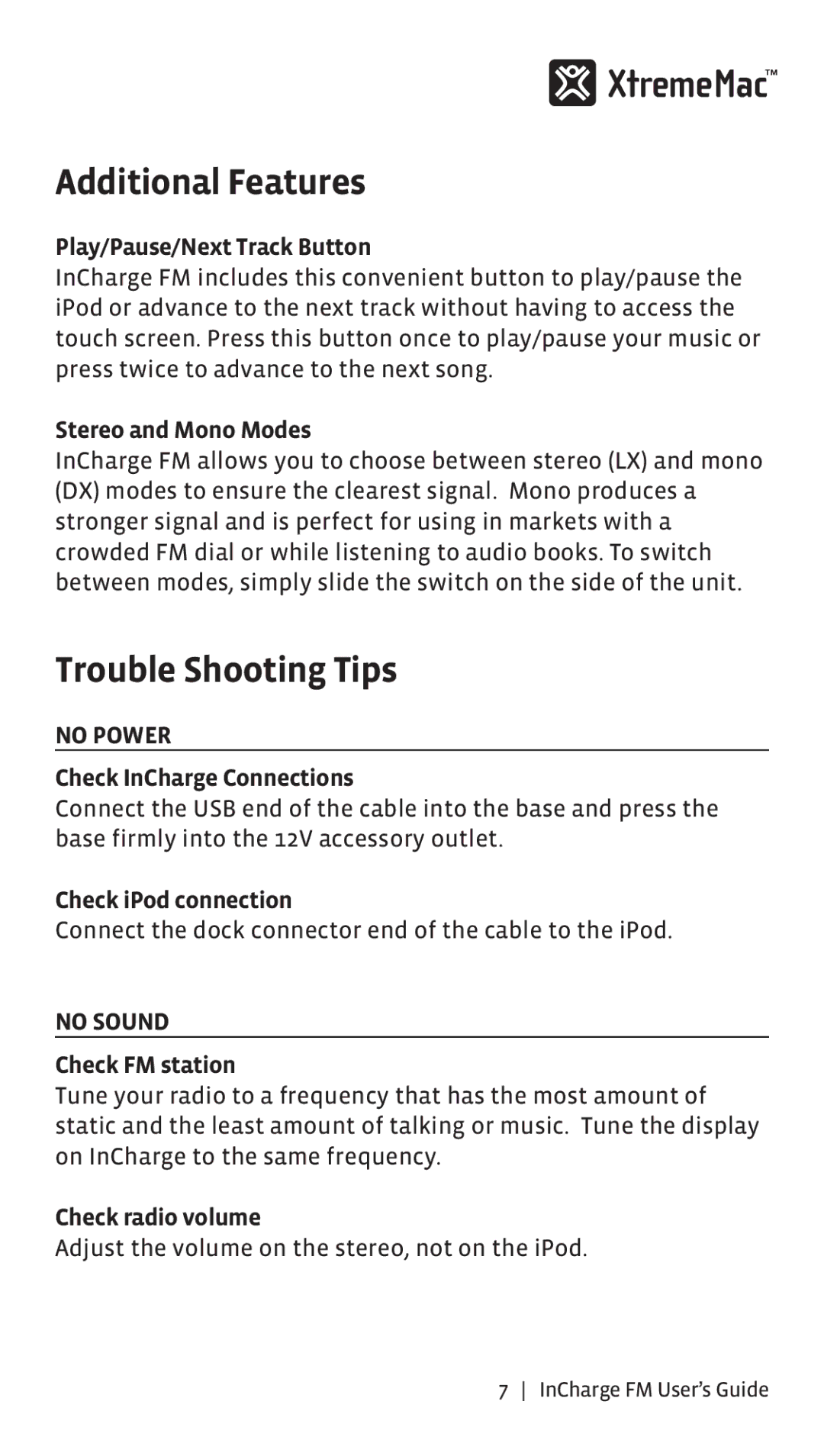 XtremeMac Incharge FM manual Additional Features, Trouble Shooting Tips, No Power, No Sound 