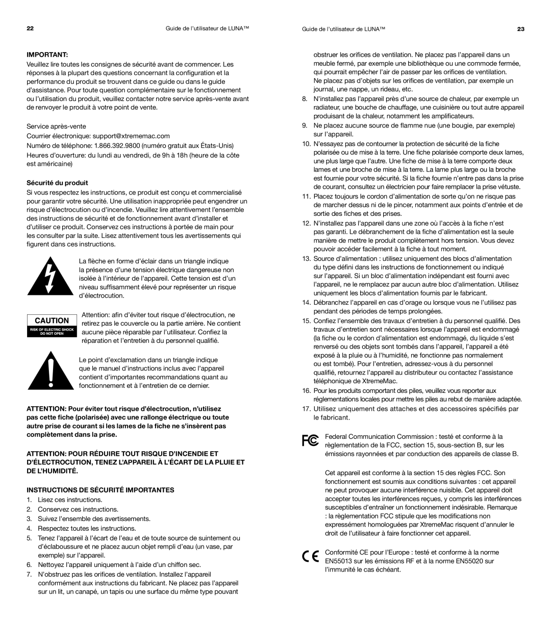 XtremeMac Room Audio System user manual Sécurité du produit, Instructions DE Sécurité Importantes 