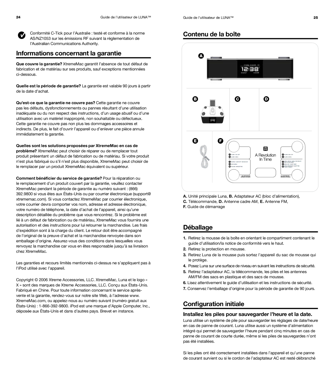 XtremeMac Room Audio System Informations concernant la garantie, Contenu de la boîte, Déballage, Configuration initiale 