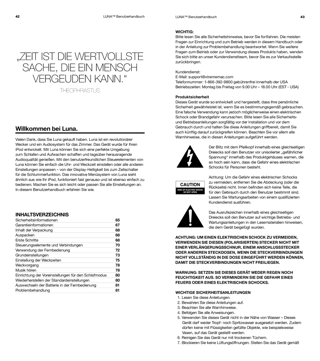 XtremeMac Room Audio System user manual Willkommen bei Luna, Produktsicherheit 