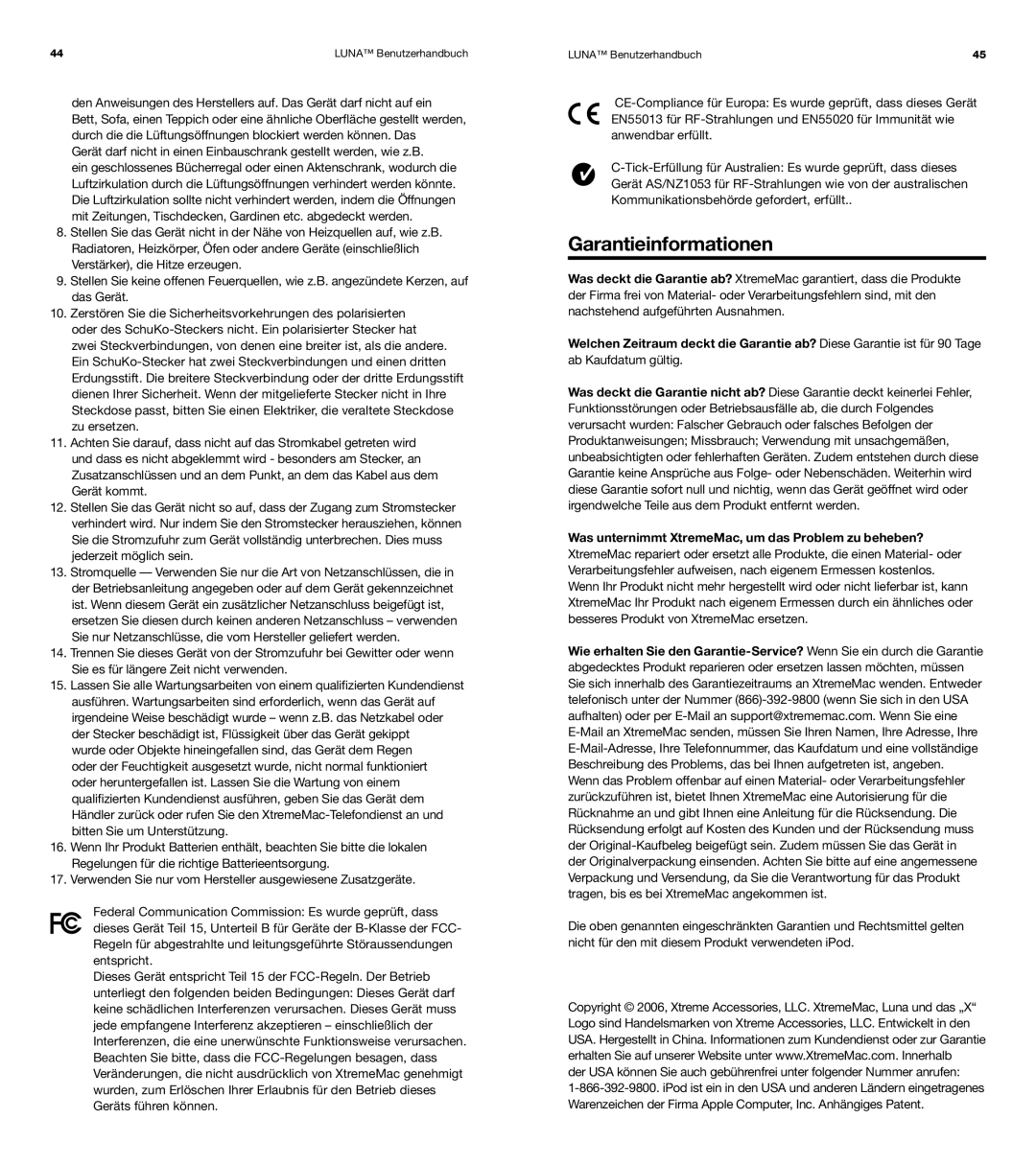 XtremeMac Room Audio System user manual Garantieinformationen 