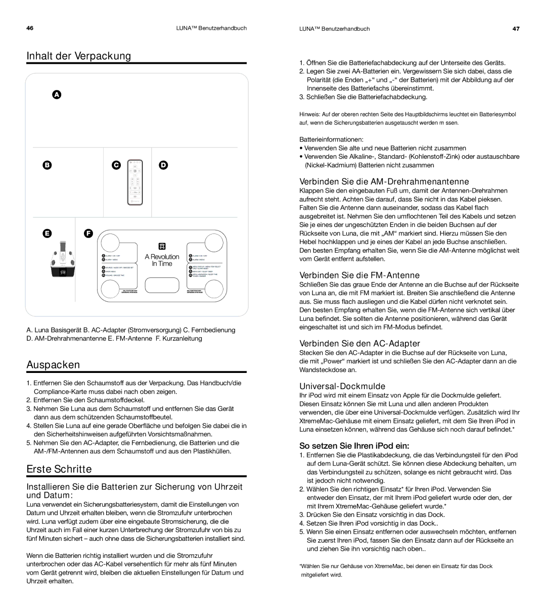 XtremeMac Room Audio System user manual Inhalt der Verpackung, Auspacken, Erste Schritte 