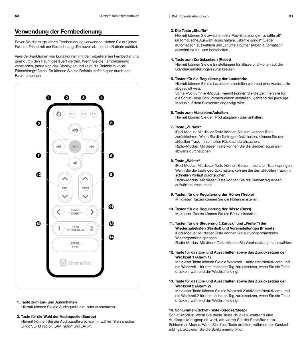 XtremeMac Room Audio System user manual Verwendung der Fernbedienung 